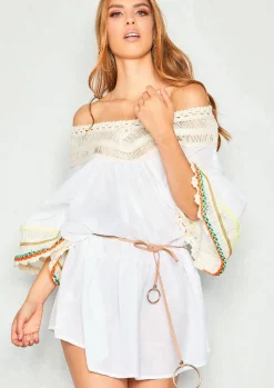 Discount Sienna White Wool Bardot Kaftan Women Dresses