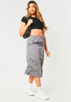 Sienna Charcoal Parachute Ruched Side Cargo Midi Skirt^Missy Empire Best Sale