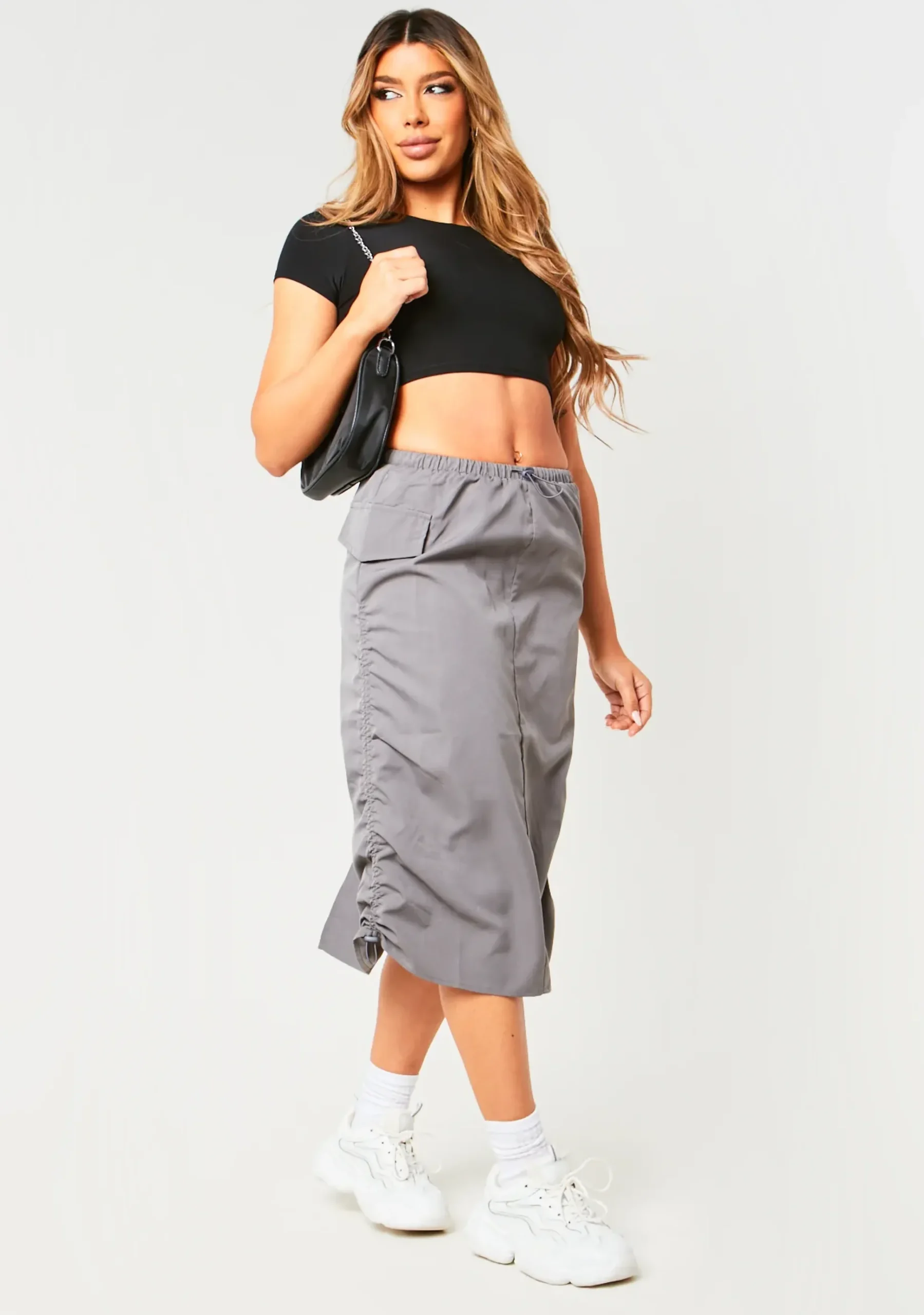 Sienna Charcoal Parachute Ruched Side Cargo Midi Skirt^Missy Empire Best Sale