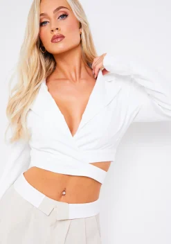 Sienna White Wrap Cut Out Detail Cropped Blazer^Missy Empire Store