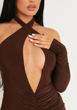 Online Simone Chocolate Cut Out Cold Shoulder Ruched Mini Dress Women Dresses