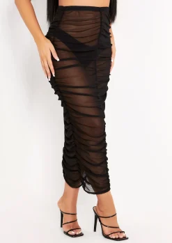 Siobhan Black Mesh Ruched Midi Skirt^Missy Empire Best