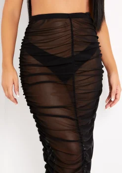 Siobhan Black Mesh Ruched Midi Skirt^Missy Empire Best