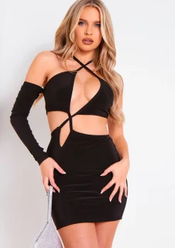 Hot Siya Black Asymmetric Cut Out Detail Dress Women Dresses