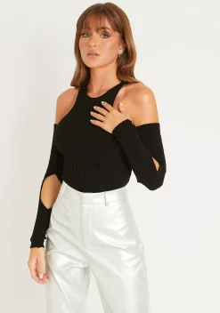 Skye Black Knitted Cold Shoulder Cut Out Bodysuit^Missy Empire Clearance
