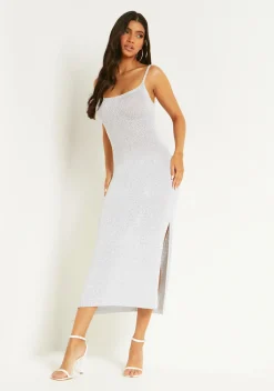 Outlet Skylar Silver Metallic Knit Midi Dress Women Dresses