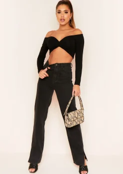 Socorro Black Twist Front Bardot Long Sleeve Crop Top^Missy Empire Cheap