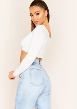 Socorro White Twist Front Bardot Long Sleeve Crop Top^Missy Empire Clearance