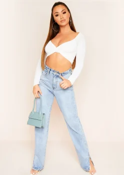 Socorro White Twist Front Bardot Long Sleeve Crop Top^Missy Empire Clearance