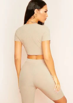 Sofia Mocha Knot Front Cap Sleeve Rib Crop T-Shirt^Missy Empire Cheap