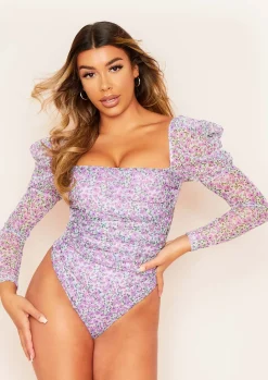 Stella Lilac Ditsy Floral Print Ruched Bodysuit^Missy Empire Cheap