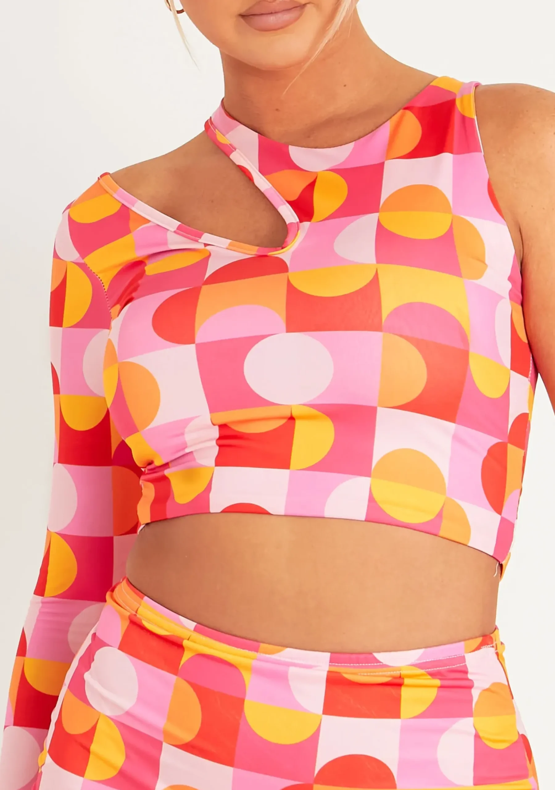 Stephanie Pink Geo Print One Shoulder Crop Top^Missy Empire Clearance