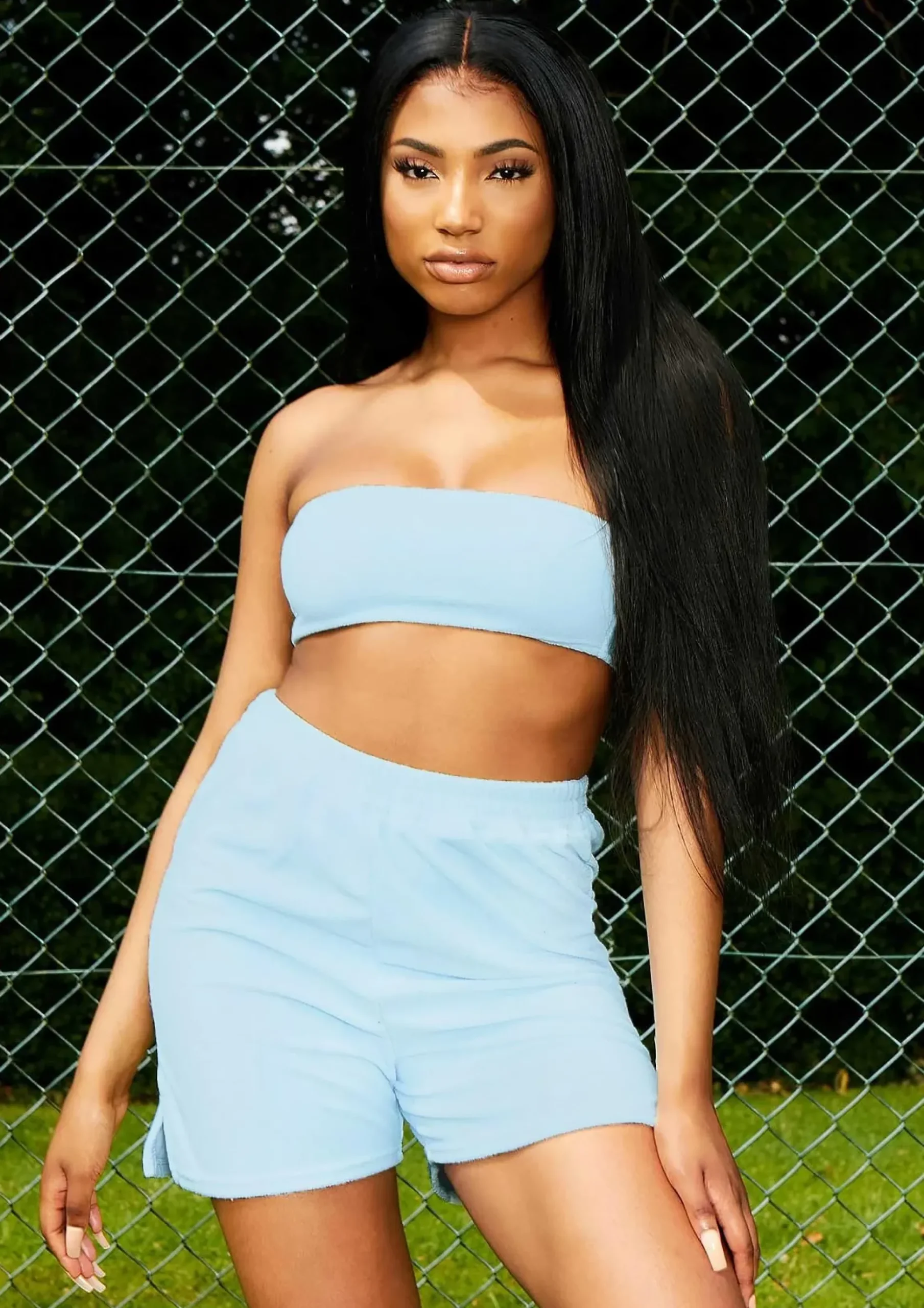 Stormi Pastel Blue Velour Bandeau Crop Top^Missy Empire Cheap