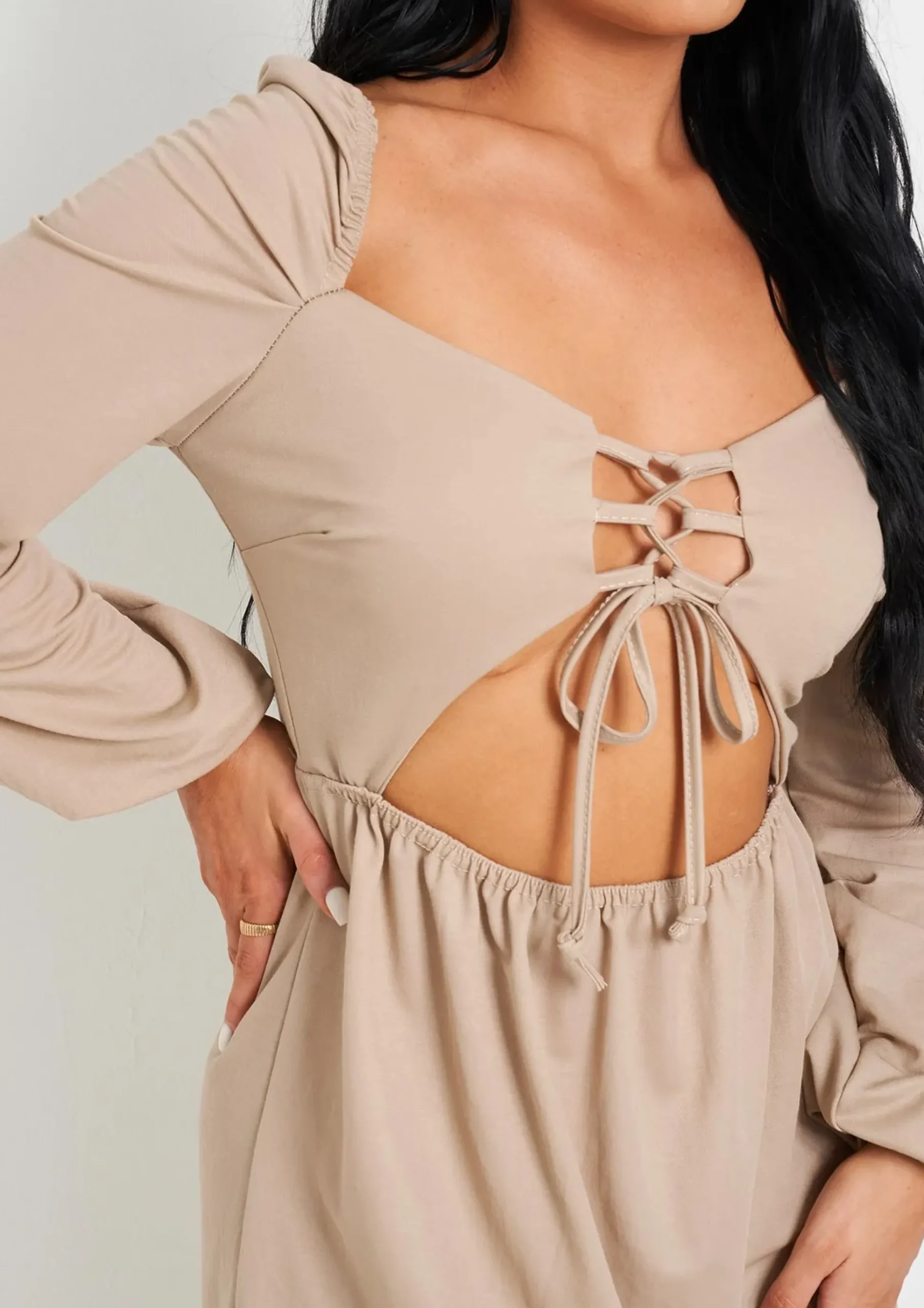 Best Sale Susie Buttermilk Lace Up Front Cut Out Long Sleeve Dress Women Dresses