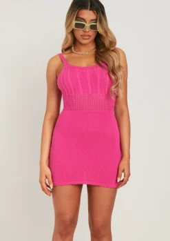 Sale Sydney Pink Cable Knit Strappy Knitted Mini Dress Women Dresses