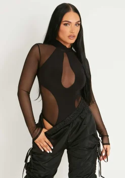 Tabitha Black Mesh Panel Bodysuit^Missy Empire Online