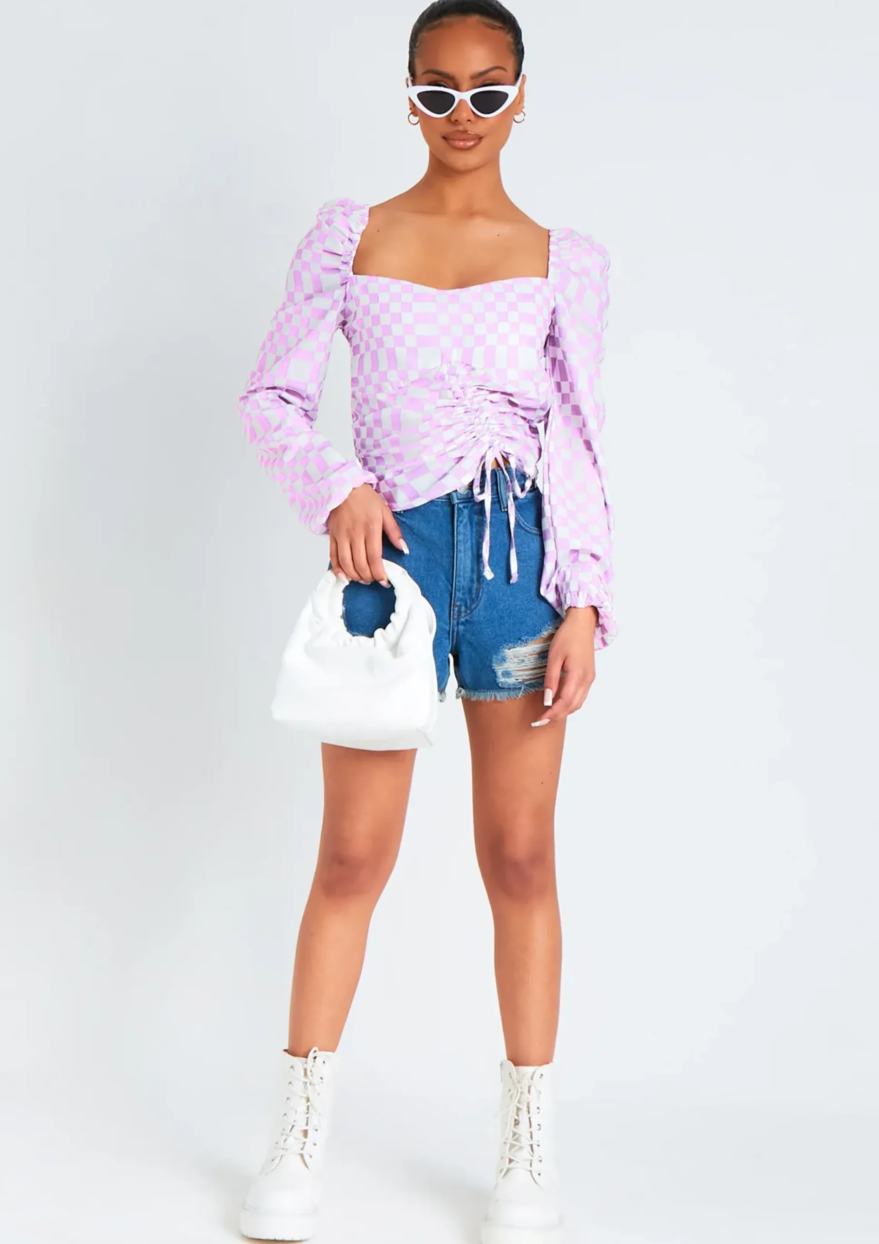 Tallulah Lilac Checkerboard Print Ruched Front Top^Missy Empire Cheap