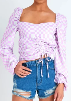 Tallulah Lilac Checkerboard Print Ruched Front Top^Missy Empire Cheap