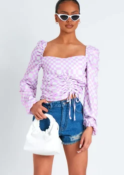 Tallulah Lilac Checkerboard Print Ruched Front Top^Missy Empire Cheap