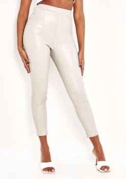 New Talma Beige Vegan Leather Pu Seamed Trousers Women Trousers