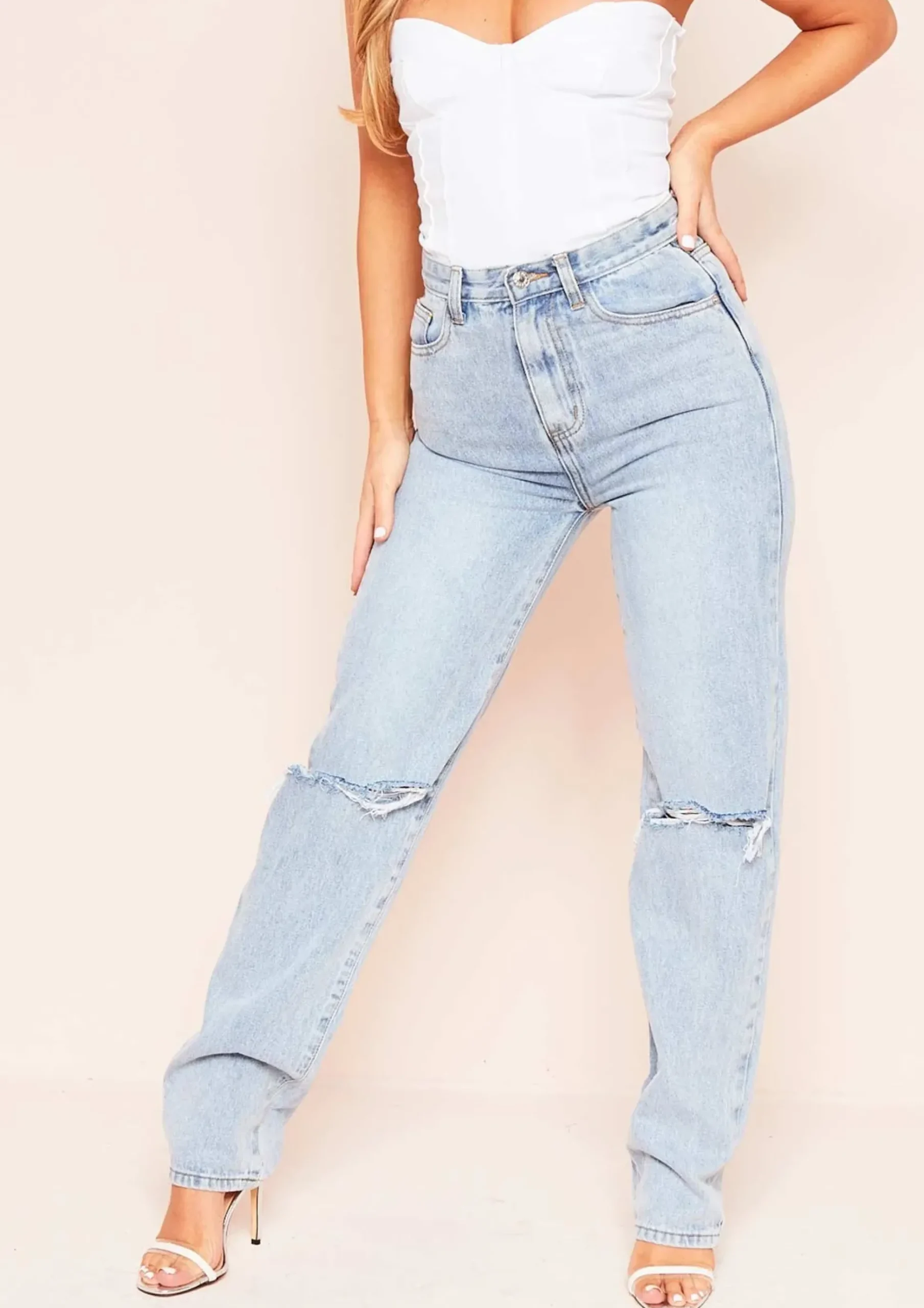 Tamia Denim Mid Wash Extra Long Straight Leg Ripped Jeans^Missy Empire Store