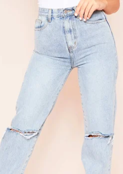 Tamia Denim Mid Wash Extra Long Straight Leg Ripped Jeans^Missy Empire Store