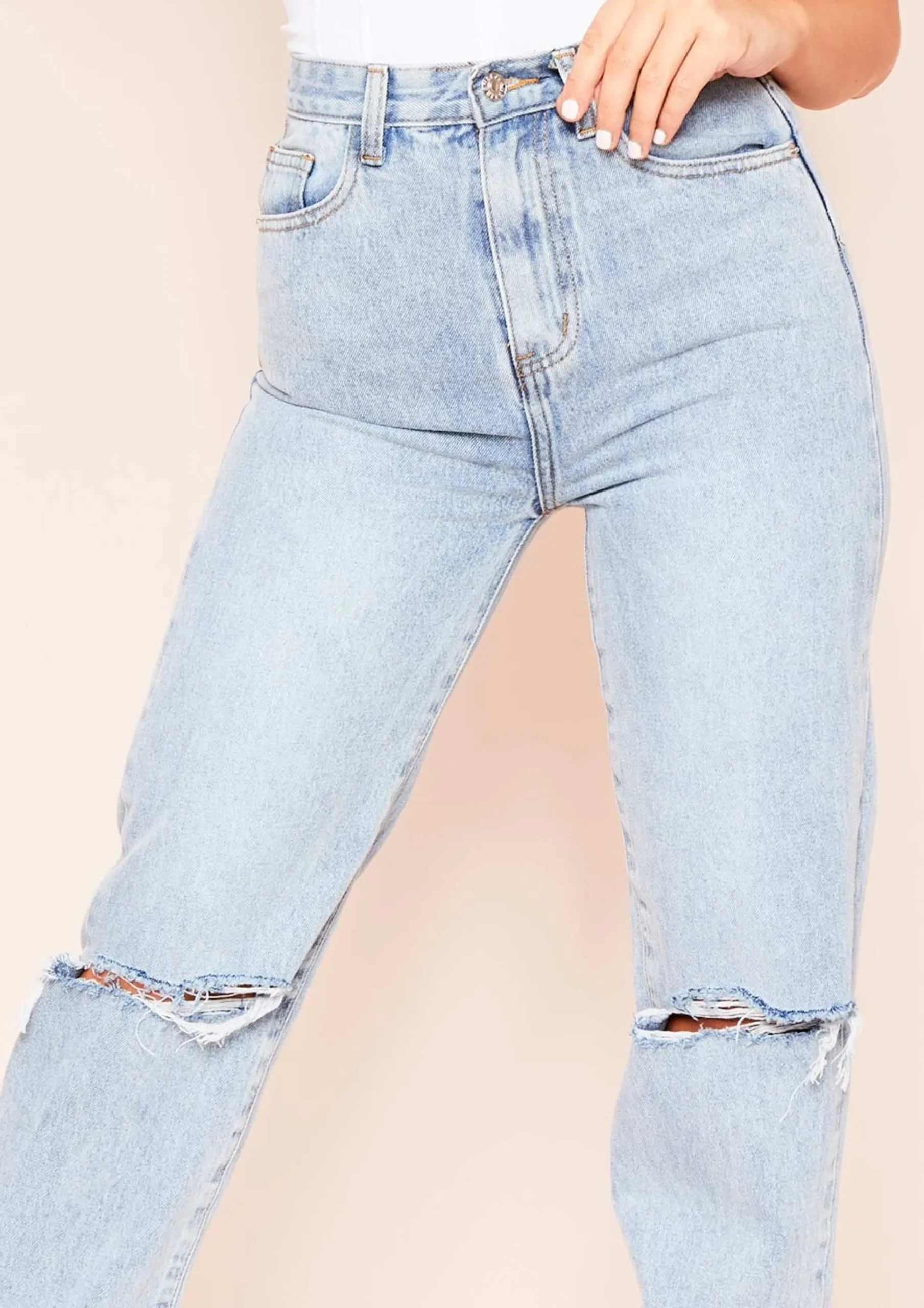 Tamia Denim Mid Wash Extra Long Straight Leg Ripped Jeans^Missy Empire Store