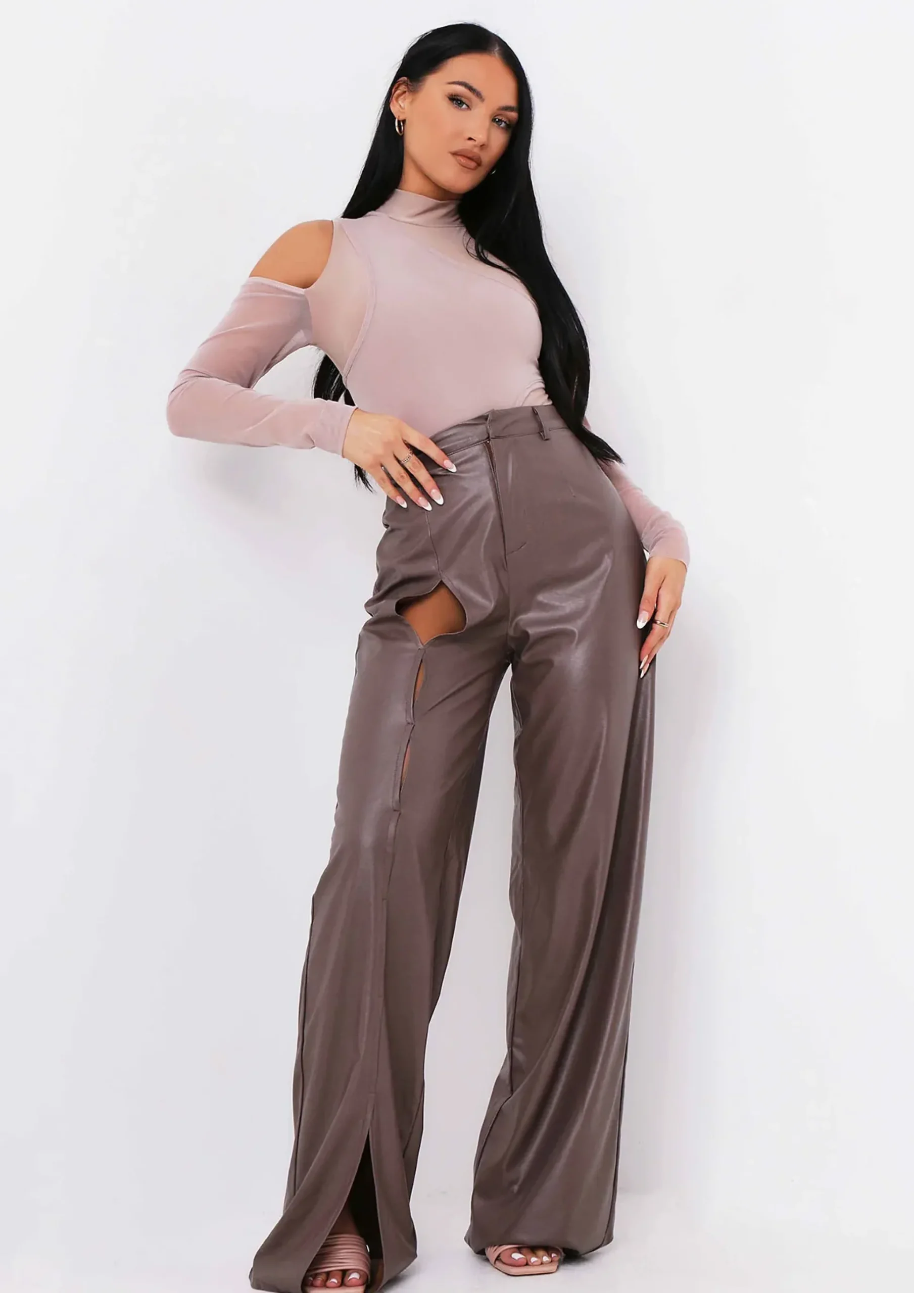 Fashion Tamika Chocolate Keyhole Cut Out High Waisted Pu Trousers Women Trousers