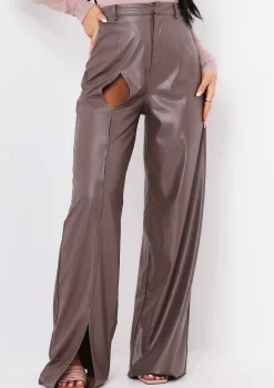 Fashion Tamika Chocolate Keyhole Cut Out High Waisted Pu Trousers Women Trousers