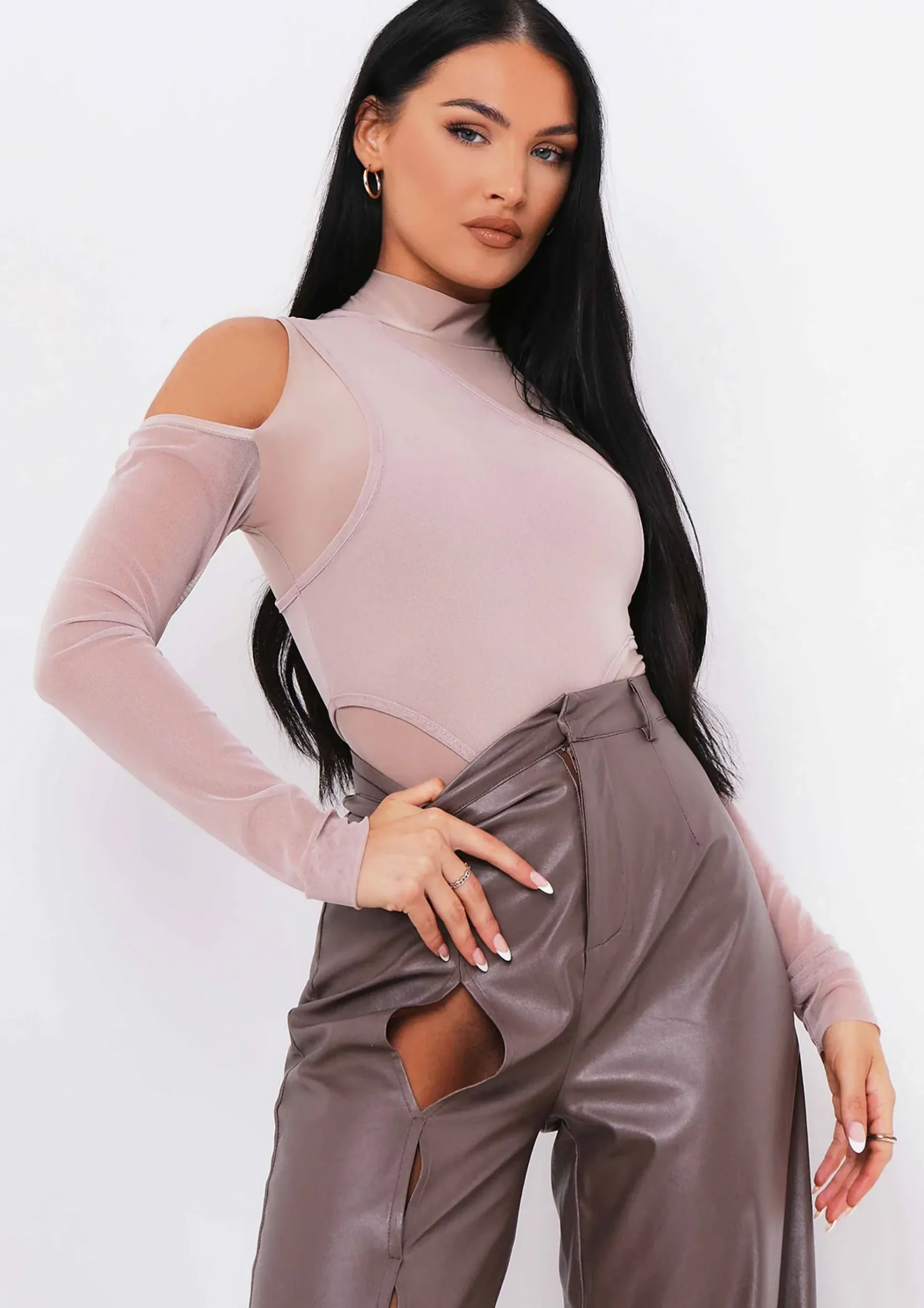 Fashion Tamika Chocolate Keyhole Cut Out High Waisted Pu Trousers Women Trousers