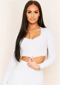 Tavia Light Grey Popper Ribbed Crop Top^Missy Empire Shop