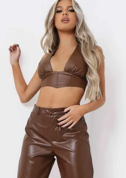 Cheap Teyana Chocolate Pu Bum Split Detail Trousers Women Trousers