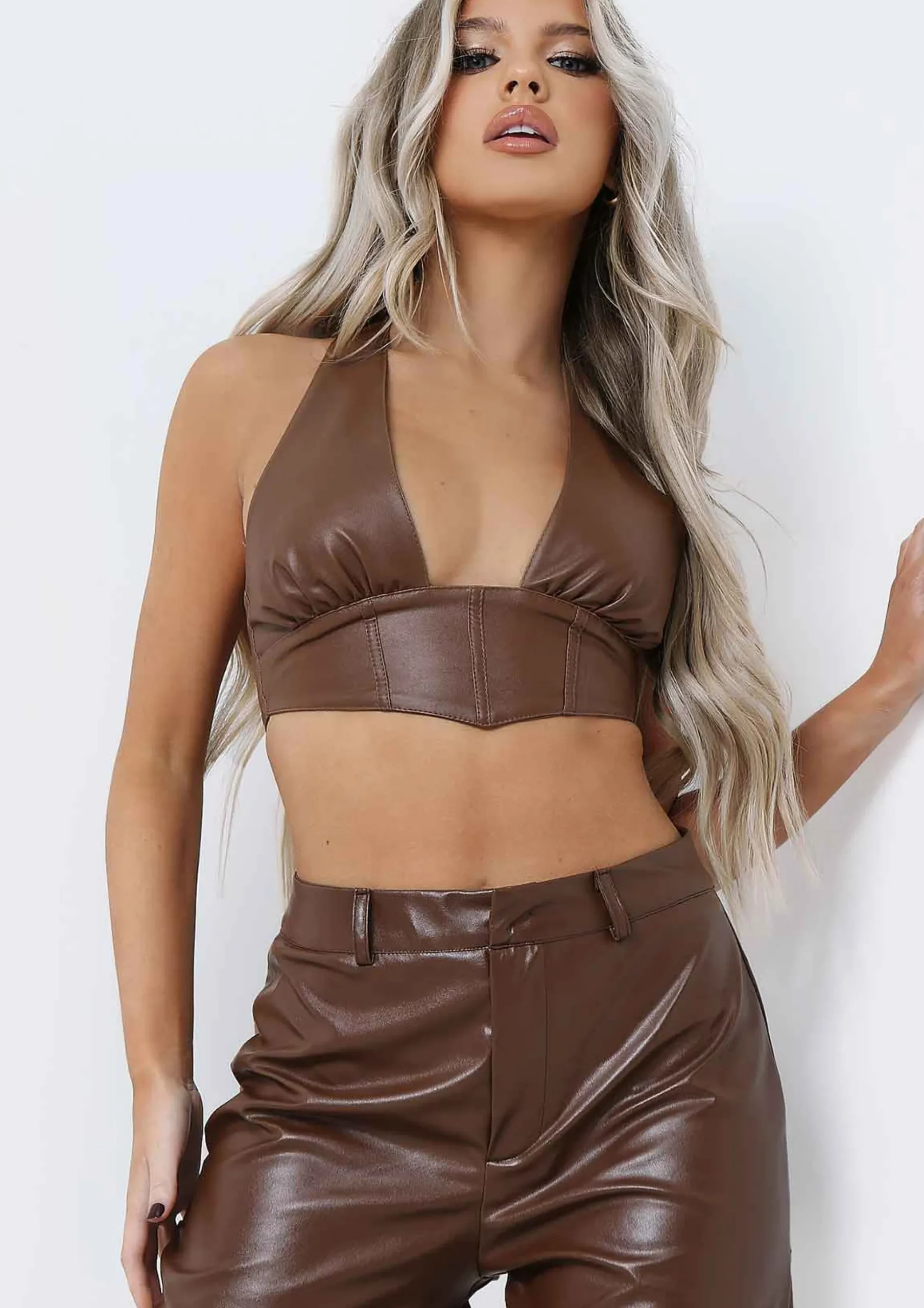 Cheap Teyana Chocolate Pu Bum Split Detail Trousers Women Trousers