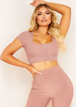 Tina Mocha Ribbed Popper Front T-Shirt Crop Top^Missy Empire Online