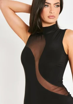 Shop Tyla Black Mesh Panel High Neck Sleeveless Mini Dress Women Dresses