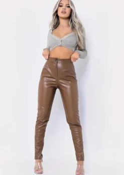Fashion Urmi Brown Vegan Leather Pu Skinny Trousers Women Trousers