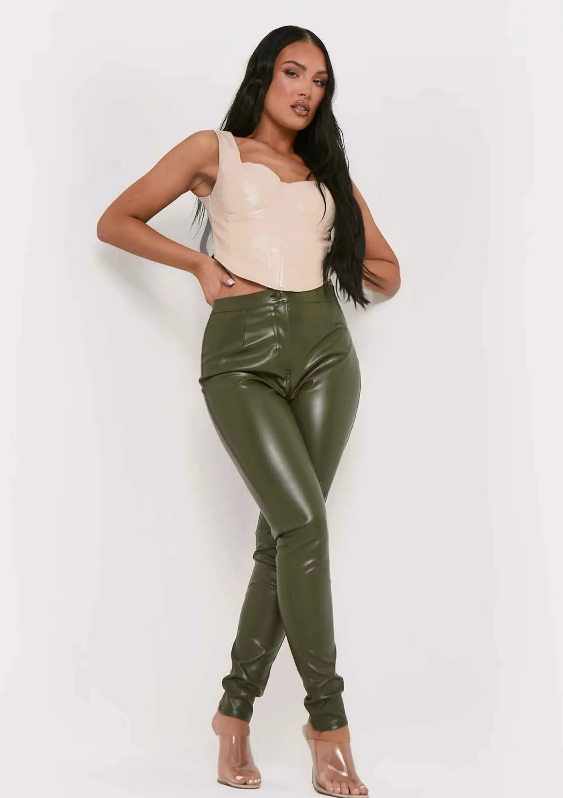 Best Sale Urmi Khaki Vegan Leather Pu Skinny Trousers Women Trousers