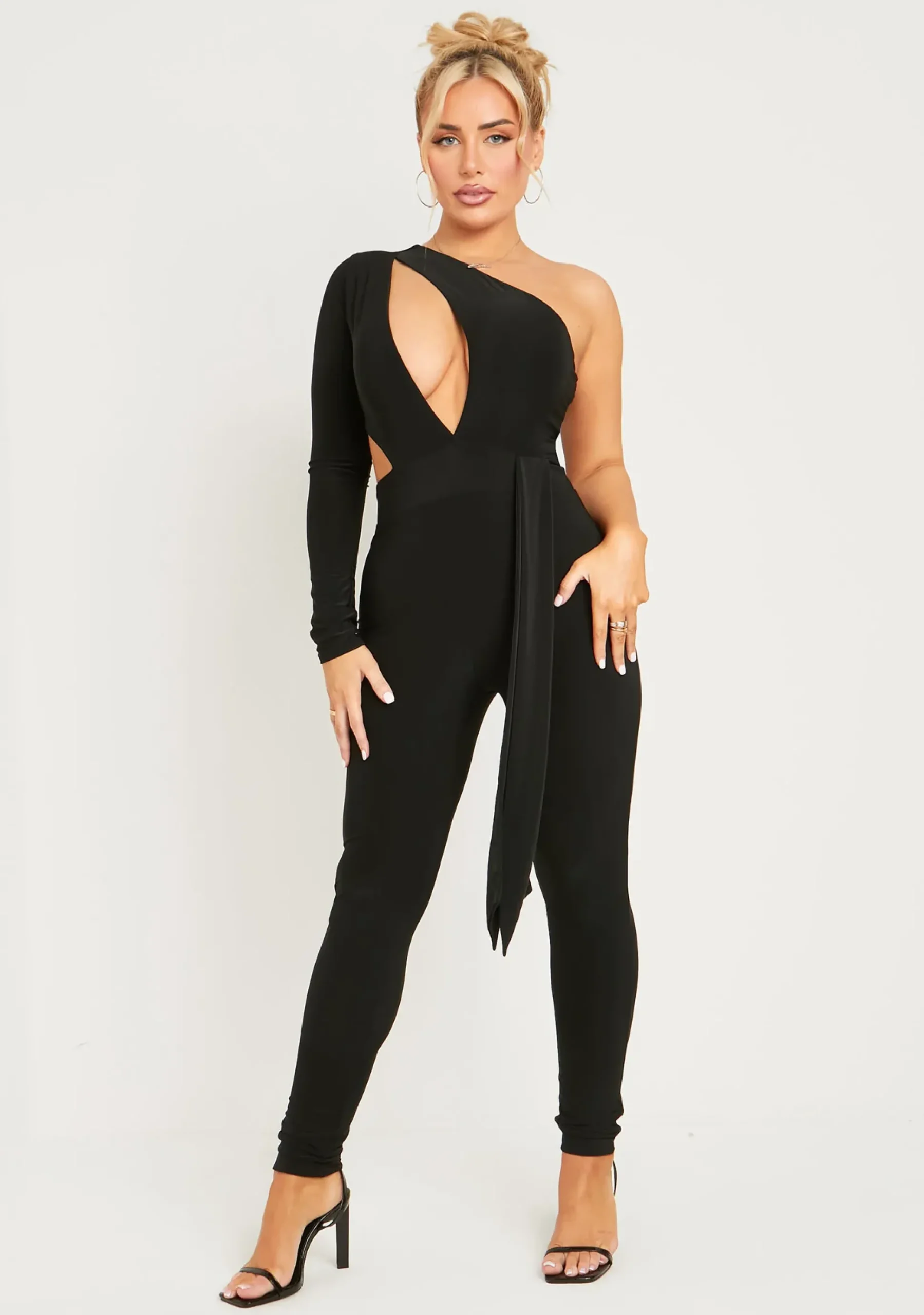Shop Valencia Black Double Layer Slinky Cut Out One Shoulder Jumpsuit Women Jumpsuits & Playsuits