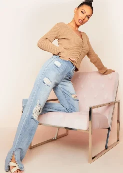 Valerie Mid Wash Ripped Split Hem Straight Leg Jeans^Missy Empire Discount