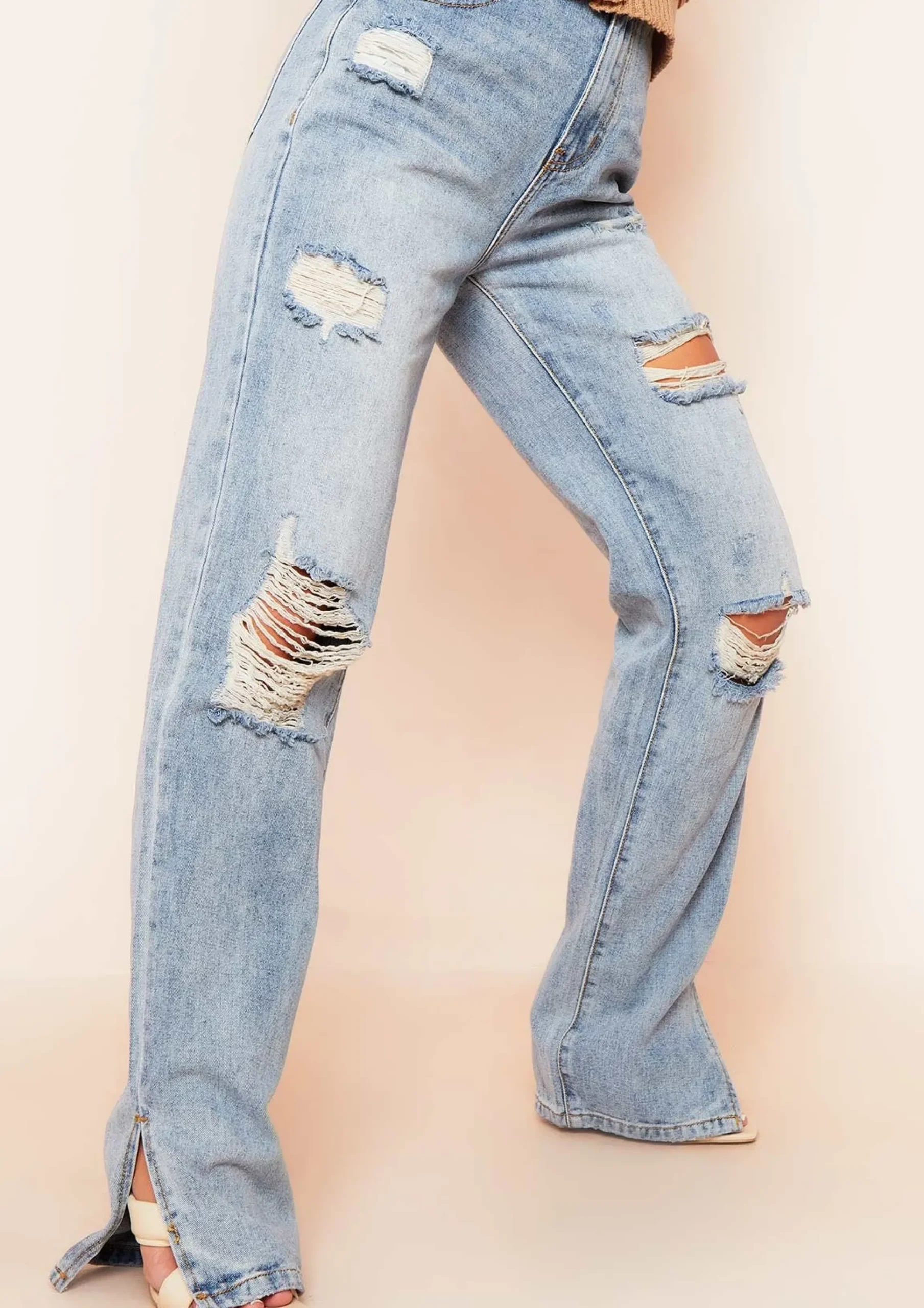 Valerie Mid Wash Ripped Split Hem Straight Leg Jeans^Missy Empire Discount