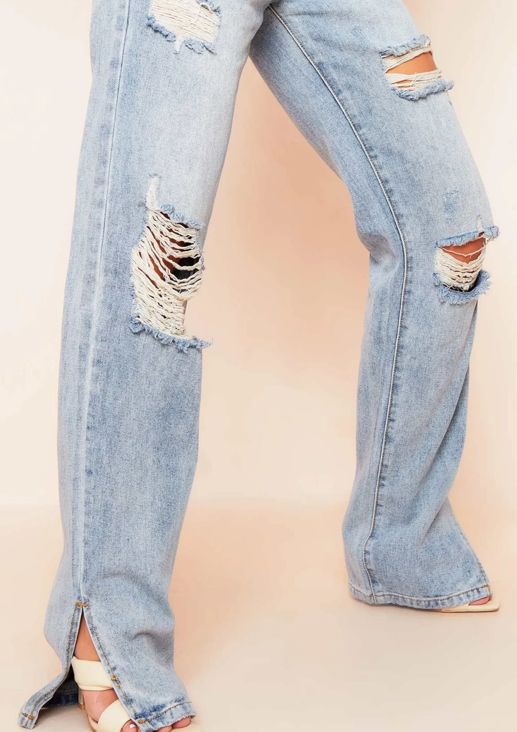 Valerie Mid Wash Ripped Split Hem Straight Leg Jeans^Missy Empire Discount