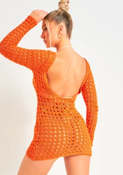 Online Valerie Orange Low Back Crochet Beach Dress Cover Up Women Dresses