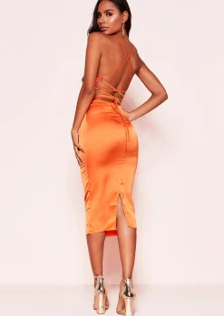 Shop Vennie Orange Cowl Lace Up Back Midi Bodycon Dress Women Dresses