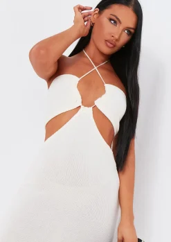 Sale Verity Cream Knitted Cut Out Halter Neck Dress Women Dresses
