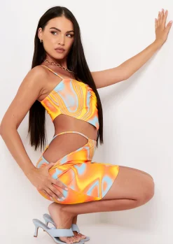 Verity Orange Swirl Print Cut Out Strap Detail Mini Skirt^Missy Empire Discount