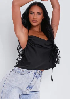 Vida Black Ruched Side Satin Cami Top^Missy Empire Fashion