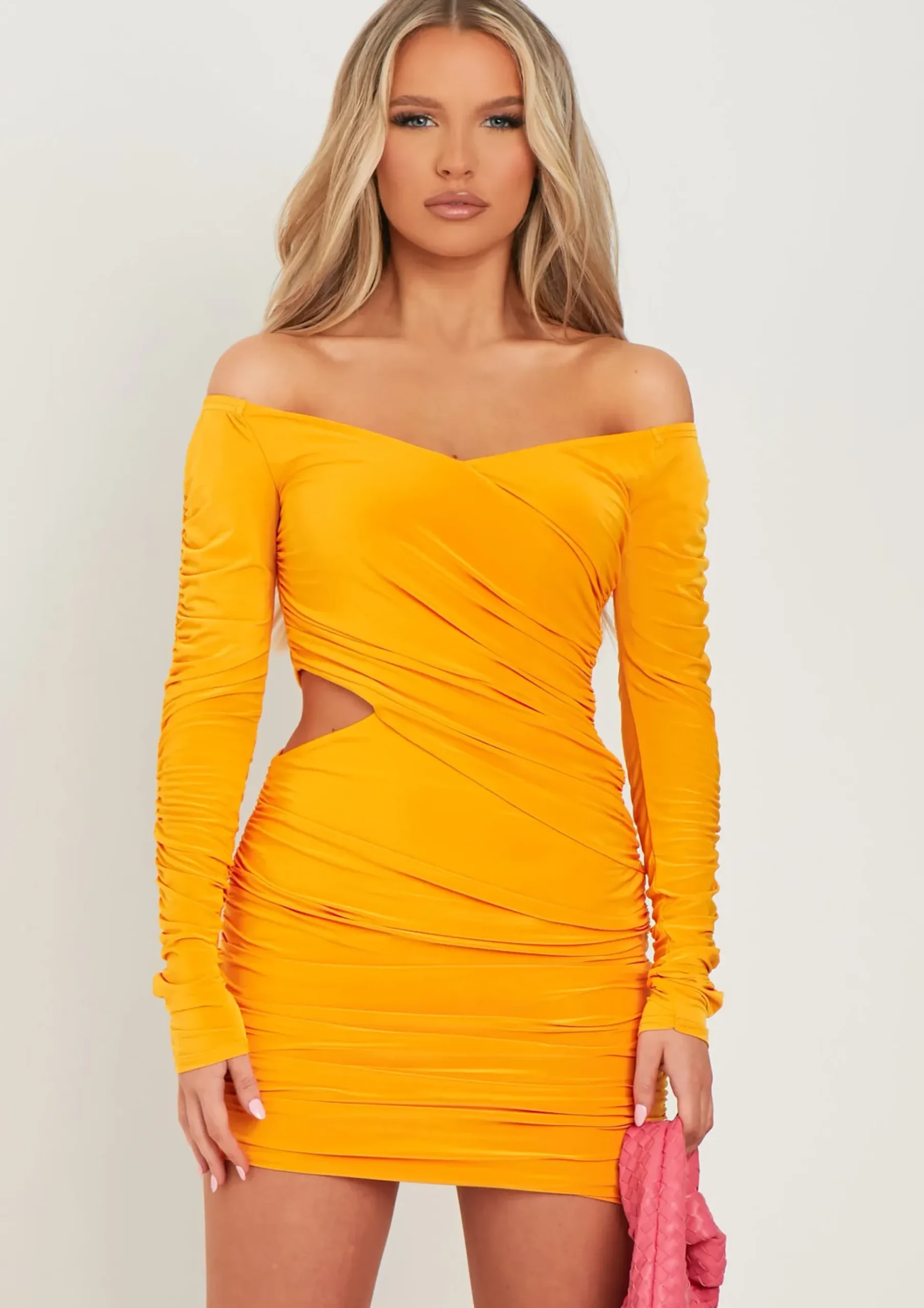 Cheap Viola Orange Bardot Wrap Ruched Mini Dress Women Dresses
