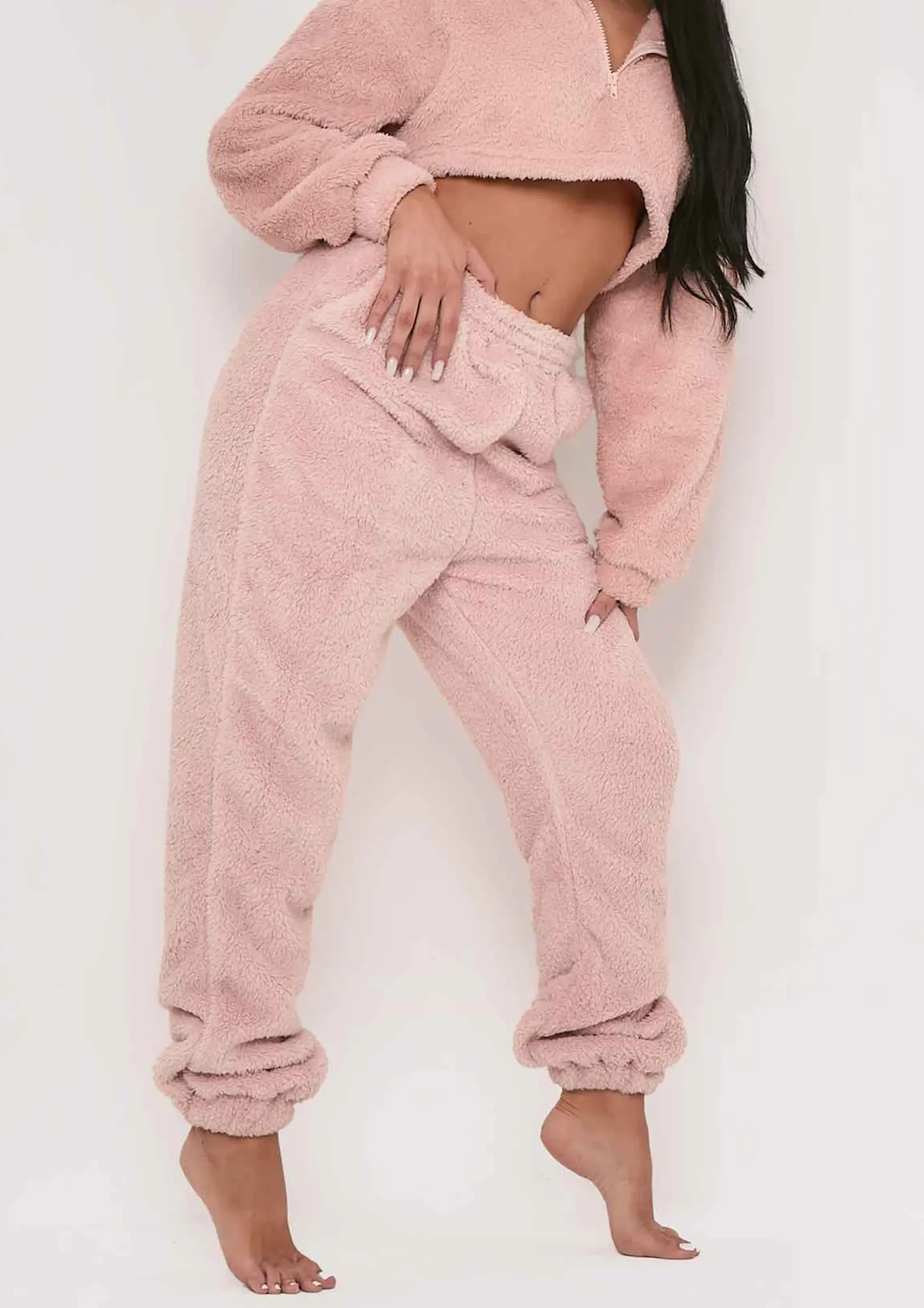 Discount Yasmine Pink Fluffy Teddy Borg Casual Oversized Joggers Women Nightwear