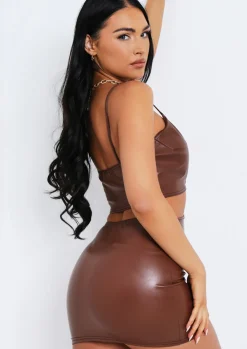 Store Yasmine Chocolate Pu Cut Out Cross Mini Dress Women Dresses