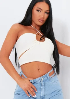 Yolanda Cream Knit Cross Over Crop Top^Missy Empire Store